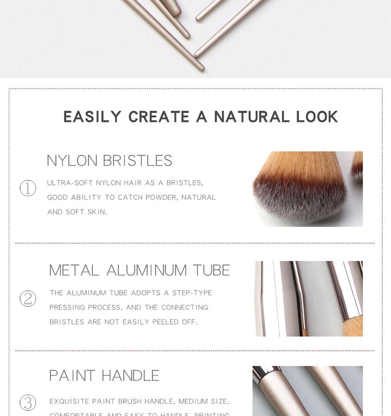 10 Pcs Champagne Makeup Brush Set