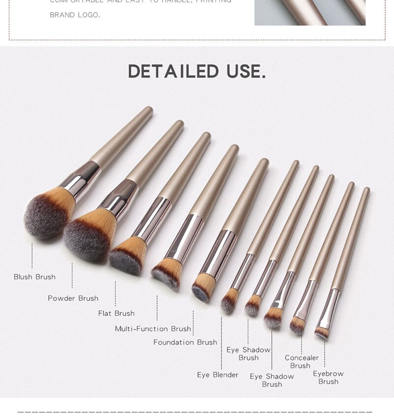 10 Pcs Champagne Makeup Brush Set