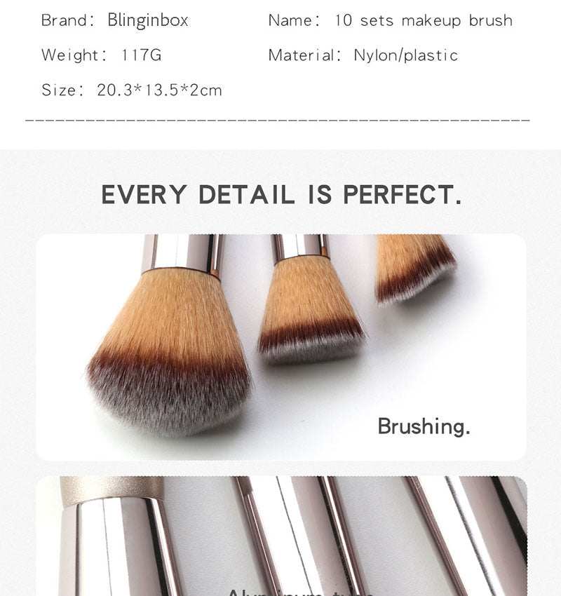 10 Pcs Champagne Makeup Brush Set